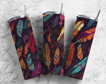 Diseños de vasos de sublimación de 20 oz con plumas de colores, patrón de arcoíris, envoltura de vaso recto y delgado de 9,2 x 8,3 pulgadas PNG