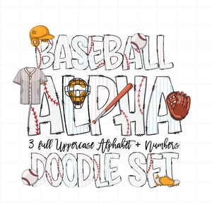 Baseball Doodle Letters with Clipart, Baseball Clipart, Sport Clipart Sublimation PNGs, Entire Doodle Alphabet Uppercase and Numbers PNG
