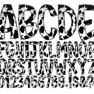 Letras de garabatos de piel de vaca, fondo transparente, paquete de alfabetos guardados individualmente, alfabeto completo de garabatos, números en mayúsculas y minúsculas PNG