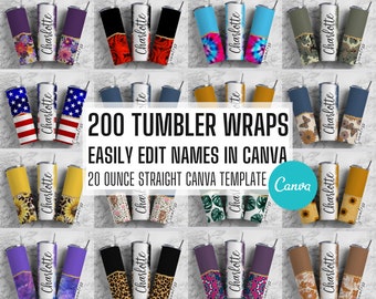 Megapaquete de Ágata: 200 plantillas editables de Canva para vasos. Agrega tu propio nombre. Plantilla de Canva. Diseños de envolturas para vasos sin costuras de 23 x 21 cm.