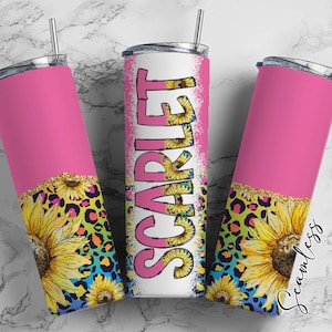 Envoltorio para vaso con diseño de girasol rosa y letras del alfabeto a juego PNG, estética floral, agregue su propio nombre, vaso de 20 oz, conjunto Alpha PNG 161