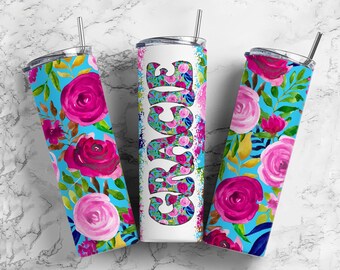 Emballage de gobelet rose floral 20 oz T20 oz avec lettre de griffonnage rétro assortie, alphabet esthétique PNG, gobelet à ajouter votre propre nom