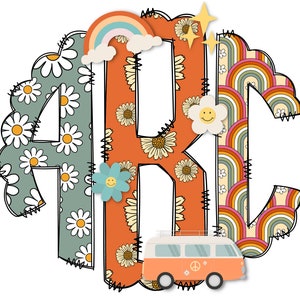 Letras de monograma arco iris retro, sublimación de flores hippie PNG Doodle Alpha Bundle, fuente de sublimación Boho hippie PNG floral, naranja y verde