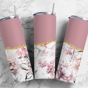 Vintage Flower 20oz Sublimation Tumbler Designs, Agate Glitter Pink 9.2 x 8.3” Straight Skinny Tumbler Wrap PNG