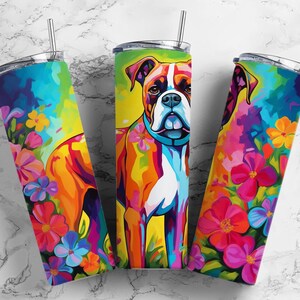 Boxer dog 20oz Sublimation Tumbler Designs, Rainbow floral 9.2 x 8.3” Straight Skinny Tumbler Wrap PNG