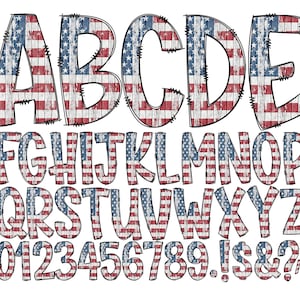 American Flag Doodle Letters Patriot USA Transparent Background, Individually Saved Alpha, Entire Doodle Alphabet Uppercase Lowercase Number