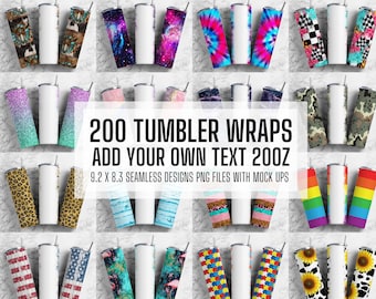 May include: 200 tumbler wraps with various designs, including glitter, animal print, tie dye, and abstract patterns. The wraps are 9.2 inches by 8.3 inches and are seamless PNG files with mockups.