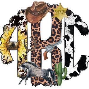 Letras de monograma de caballo de campo, elementos PNG de sublimación de vaquero, paquete de garabatos alfa dibujados a mano, fuente PNG de sublimación de leopardo de vaca y girasol