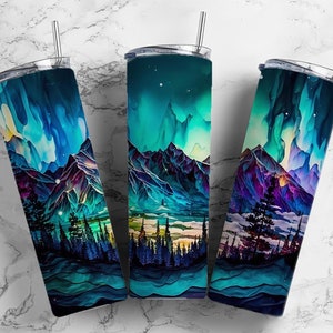Alcohol ink mountain landscape 20oz Sublimation Tumbler Designs, colorful landscape 9.2 x 8.3” Straight Skinny Tumbler Wrap PNG