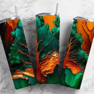 Designs de copos de sublimação laranja e verde de 20 onças, árvores pintadas 9,2 x 8,3” Straight Skinny Tumbler Wrap PNG