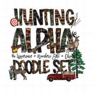 Deer Hunting Doodle Letters, Camo Alphabet, Orange Alphabet PNG, Entire Doodle Alphabet Uppercase Lowercase Numbers PNG