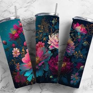 Dark floral 20oz Sublimation Tumbler Designs, pink flowers 9.2 x 8.3” Straight Skinny Tumbler Wrap PNG