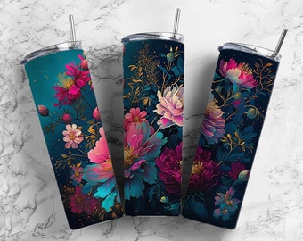 Dark floral 20oz Sublimation Tumbler Designs, pink flowers 9.2 x 8.3” Straight Skinny Tumbler Wrap PNG