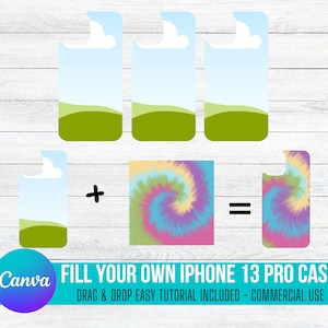 May include: A digital design template for an iPhone 13 Pro case. The template features a simple landscape design with a green hill and blue sky. The design can be customized with a tie-dye pattern.