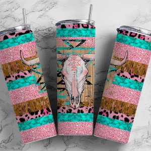 Bull Skull 20oz Sublimation Tumbler Designs, Pink Tassel 9.2 x 8.3” Straight Skinny Tumbler, Leopard Print Wrap PNG