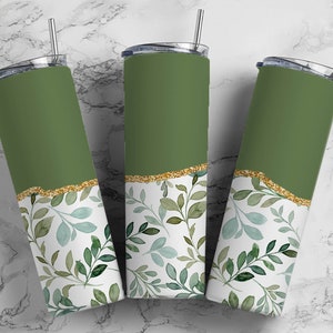 Greenery Flower 20oz Sublimation Tumbler Designs, AestheticFloral 9.2 x 8.3” Straight Skinny Tumbler Wrap PNG, Gold Agate 129