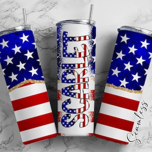 Envoltura para vaso con la bandera de EE. UU. y letras del alfabeto a juego PNG, patriota estadounidense, agregue su propio nombre, vaso de 20 oz, conjunto Alpha PNG 105