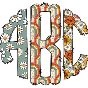 Letras de monograma arco iris retro, sublimación de flores hippie PNG Doodle Alpha Bundle, fuente de sublimación Boho hippie PNG floral, naranja y verde