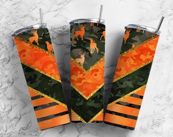 Deer Hunting 20oz Sublimation Tumbler Designs, Camo Orange 9.2 x 8.3” Straight Skinny Tumbler Wrap, Mens Tumbler