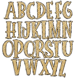 Gold Glitter Doodle Letters, PNG Doodle letters, Hand Drawn Doodle Alpha Bundle, Sublimation Font PNG, Patterned Numbers & Alphabet