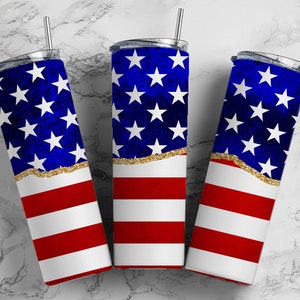 America Flag 20oz Sublimation Tumbler Designs, USA Patriot 9.2 x 8.3” Straight Skinny Tumbler Wrap PNG, Gold Agate 105