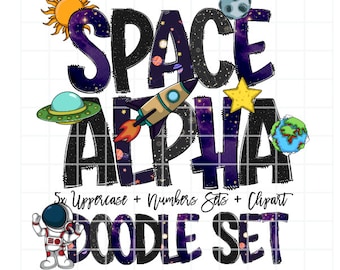 Outer Space Doodle Letters, Space Alphabet, Boys Alphabet PNG, Entire Doodle Alphabet Uppercase Lowercase Numbers PNG, Space Clip Art 1