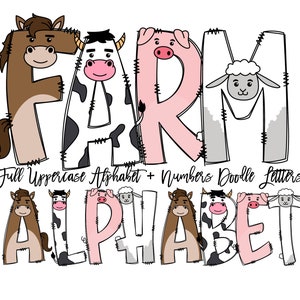 Farm Animal Doodle Letters, Horse Alphabet, Cow Alphabet PNG, Entire Doodle Alphabet Uppercase Lowercase Numbers PNG