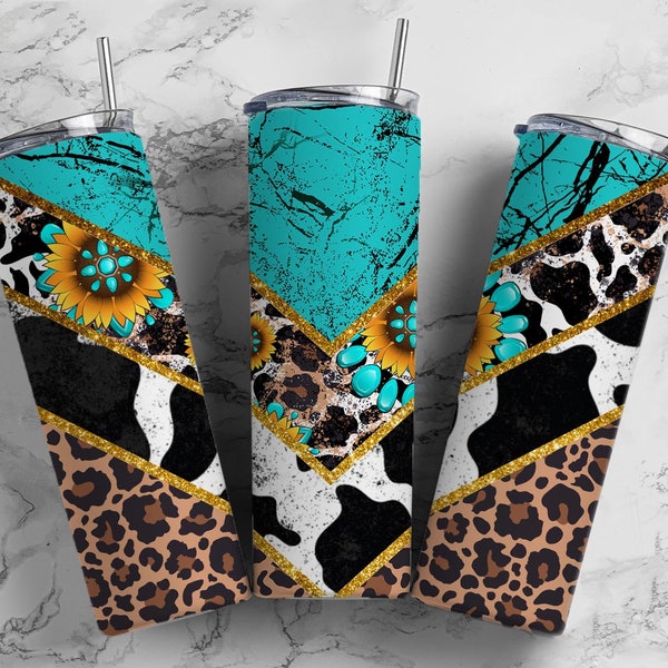 Sunflower Turquoise Gem Cow 20oz Sublimation Tumbler Designs, Country Western 9.2 x 8.3” Straight Skinny Tumbler Wrap PNG
