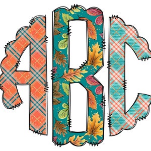 Letras monograma de otoño a cuadros, elementos PNG de sublimación de calabaza boho, paquete de garabatos alfa dibujados a mano, fuente PNG de sublimación de hojas de tartán con diseño floral