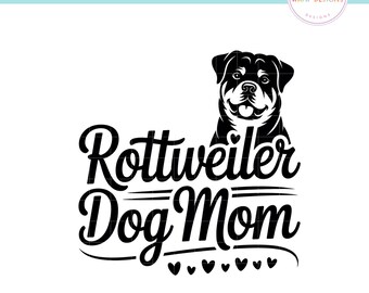 May include: Black and white graphic featuring a Rottweiler dog and the text "Rottweiler Dog Mom" in a stylish script. The design includes heart accents and a decorative flourish, perfect for dog lovers.
