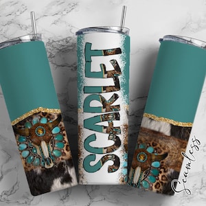 Envoltura para vaso Country Gem con alfabeto de letras doodle a juego PNG, vaca verde azulado, agregue su propio nombre, vaso de 20 oz, conjunto alfa PNG 10