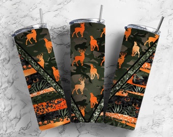 Deer Hunting 20oz Sublimation Tumbler Designs, Camo Orange 9.2 x 8.3” Straight Skinny Tumbler Wrap, Mens Tumbler