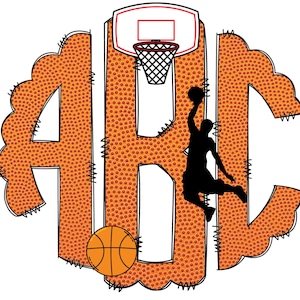 Letras de monograma de baloncesto, elementos PNG de sublimación de baloncesto, paquete de garabatos alfa dibujados a mano, fuente PNG de sublimación deportiva