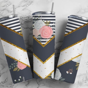 Aesthetic Flower Boho 20oz Sublimation Tumbler Designs, Floral Gold Glitter V Split 9.2 x 8.3” Straight Skinny Tumbler Wrap PNG  52