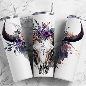 Animal skull 20oz Sublimation Tumbler Designs, ox floral 9.2 x 8.3” Straight Skinny Tumbler Wrap PNG