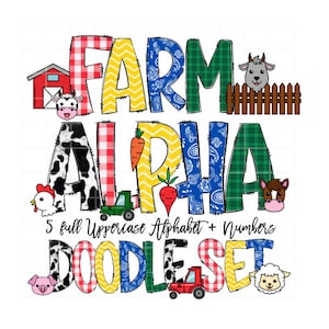 Farm Animal Doodle Letters with Clipart, Clipart Sublimation PNGs, Transparent Background, Entire Doodle Alphabet Uppercase and Numbers PNG