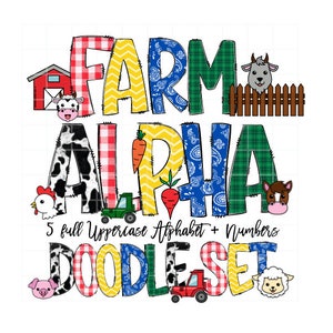 Letras de doodle de animales de granja con imágenes prediseñadas, imágenes PNG de sublimación, fondo transparente, alfabeto completo de doodle en mayúsculas y números PNG