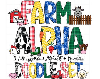 Farm Animal Doodle Letters with Clipart, Clipart Sublimation PNGs, Transparent Background, Entire Doodle Alphabet Uppercase and Numbers PNG