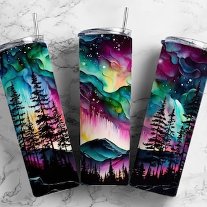 Alcohol Ink Northern Lights 20oz Sublimation Tumbler Designs, Galaxy 9.2 x 8.3” Straight Skinny Tumbler Wrap PNG, Sublimation Design PNG