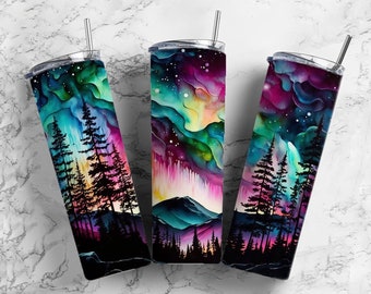 Encre à alcool aurores boréales 20 oz Sublimation Tumbler Designs, Galaxy 9,2 x 8,3 po. Wrap verre mince droit PNG, Sublimation Design PNG