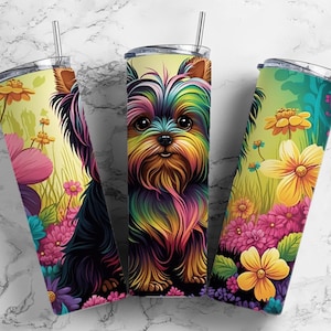 Fluffy Dog 20oz Sublimation Tumbler Designs, Flowers Land 9.2 x 8.3” Straight Skinny Tumbler, Tumbler Wrap PNG
