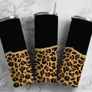Black Leopard Print 20oz Sublimation Tumbler Designs, Gold Glitter Agate 9.2 x 8.3” Straight Skinny Tumbler Wrap 25