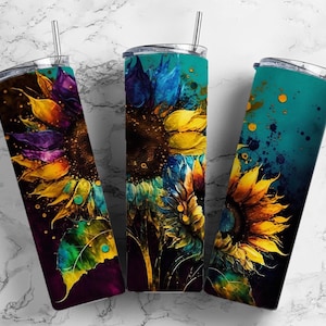 Alcohol Ink Sunflower 20oz Sublimation Tumbler Designs, Bright Colorful 9.2 x 8.3” Straight Skinny Tumbler Wrap PNG, Sublimation Design PNG