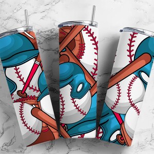 May include: Three stainless steel tumblers with a baseball theme. The tumblers feature a white background with a colourful design of baseballs, bats, and gloves.