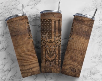 Engraved Deer Hunting 20oz Sublimation Tumbler Designs, Woodgrain Man  9.2 x 8.3” Straight Skinny Tumbler Wrap PNG, Flag Tumbler
