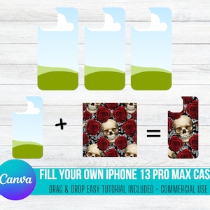 Pode incluir: Um modelo de design digital para uma capa de iPhone 13 Pro Max. O modelo apresenta um fundo de colinas verdes e um céu azul com nuvens. O design pode ser personalizado com um padrão de caveira e rosas.