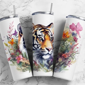 Tiger colorful 20oz Sublimation Tumbler Designs, watercolor floral 9.2 x 8.3” Straight Skinny Tumbler Wrap PNG