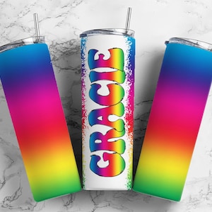 Tęczowy Ombre 20oz Tumbler Wrap z pasującą literą Retro Doodle, estetyczny alfabet PNG, dodaj własne imię Tumbler