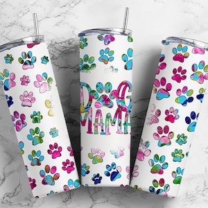 Dog mama 20oz Sublimation Tumbler Designs, Colorful paw print 9.2 x 8.3” Straight Skinny Tumbler PNG
