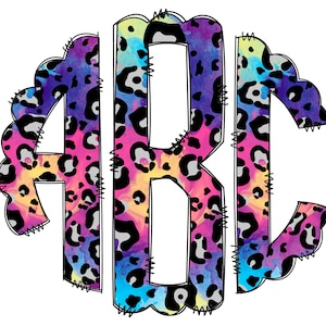 Letras de monograma de leopardo neon, elementos PNG de sublimação de tie-dye, pacote alfa de rabiscos desenhados à mão, fonte de sublimação de estampa de chita PNG